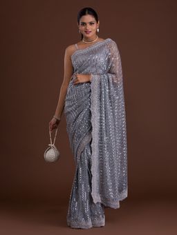 Koskii - Light Grey Mirror Work Net Designer Saree With Unstitched Blouse