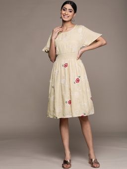ISHIN - Womens Beige Embroidered Empire Dress