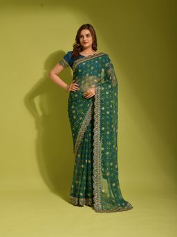 Odette - Blue Georgette Designer Saree with Unstitched Blouse
