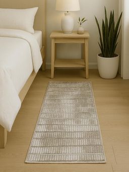 OBSESSIONS - Beige Abstract Polyester Bedside Runner Ideal for Bedroom (2x5 Feet)