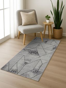 OBSESSIONS - Grey Abstract Polyester Bedside Runner Ideal for Bedroom (2x5 Feet)