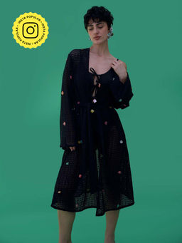 Essgee - Emra Self Design Black Kimono with Belt