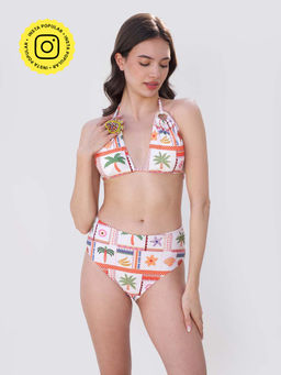 Essgee - Cream Printed Arrack Ring Bikini Top and Bottom (Set of 2)