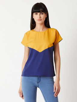Miss Chase - Women's Multi-Color Round Neck Short Sleeve Colorblock Boxy Color Block Top