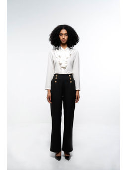 SOTBELLA - Elegant White & Black Ruffle Neck Shirt and Wide Leg Pants (Set of 2)