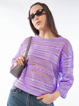 Bewakoof - Women's Purple Oversized Crochet Short Top