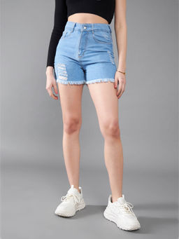 DOLCE CRUDO - Women's Blue Relaxed Fit Mid Rise Highly Distressed Denim Shorts