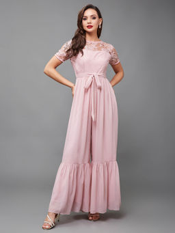 Miss Chase - Women's Dusty Pink Round Neck Self Design Lace Overlaid Regular Jumpsuit