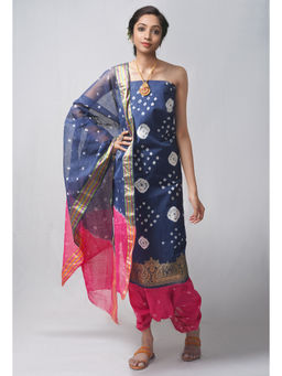 Unnati Silks - Unstitched Navy Blue Pure Bandhani Cotton Salwar Kameez (Set of 3)