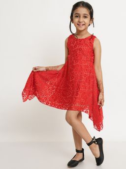 Creative Kids - Girls Red Velvet Print A-line Dress