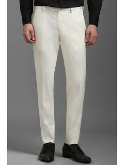 Louis Philippe - Men Cream Slim Tapered Fit Textured Flat Front Formal Trouser