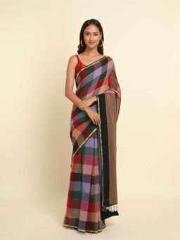 Suta - Multi-Color Checks Cotton Blend Saree