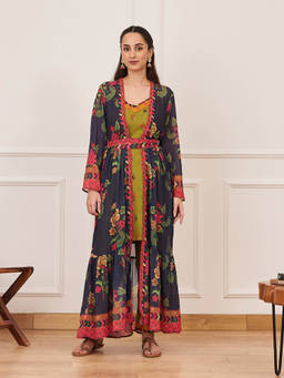 Rustorange - Olive Printed Tunic And Pant With Navy Tiered Long Shrug And Belt (Set of 4)
