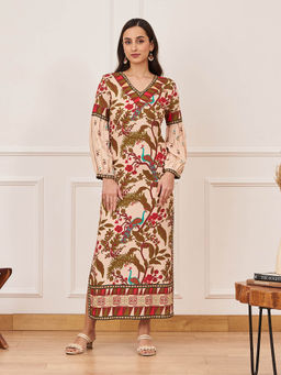 Rustorange - Beige Peacock Printed Side Slit Maxi Dress