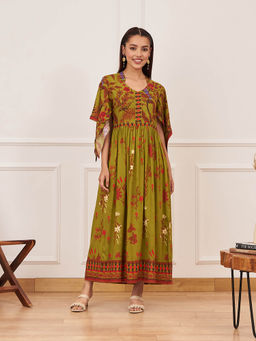 Rustorange - Olive Green Gathered Dress With Flutter Sleeves