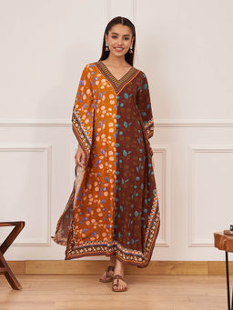 Rustorange - Mustard Brown Half & Half Leaf Print Kaftan Dress