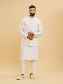 Twamev - Baby Pink Floral Jaal Embroidered Kurta With Jacket & Pant With Striped Collar