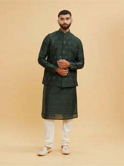 Twamev - Bottle Green Buta Embroidered Kurta With Jacket & Churidar With Sequin Work