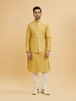 Twamev - Mustard Yellow Buta Embroidered Kurta With Jacket & Churidar With Sequin Work