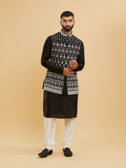 Twamev - Midnight Black Embroidered Kurta With Jacket & Churidar With Mirror Work