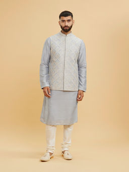Twamev - Concrete Grey Kurta With Jacket & Churidar With Fern Motifs In Jaal Pattern