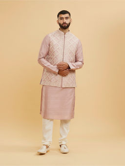 Twamev - Dusty Pink Kurta With Jacket & Churidar With Fern Motifs In Jaal Pattern