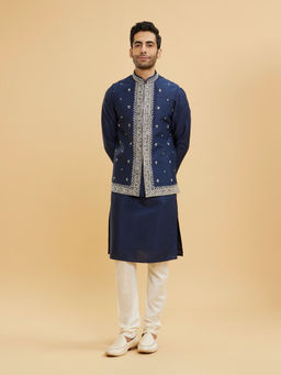 Twamev - Navy Blue Buta Embroidered Kurta With Jacket & Churidar With Mirror Work