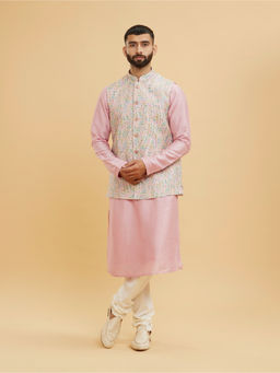 Twamev - Dusty Pink Leaf Design Kurta With Jacket & Churidar With Sequin Work