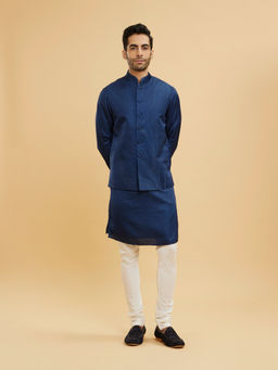 Twamev - Navy Blue Wave Design Kurta With Jacket & Churidar With Shimmery Highlights