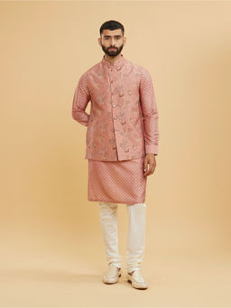 Twamev - Coral Peach Kurta With Jacket & Churidar With Floral Motifs And Thread Work