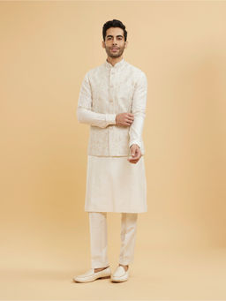 Twamev - Ivory Cream Ogee Design Kurta With Jacket & Pant For Men