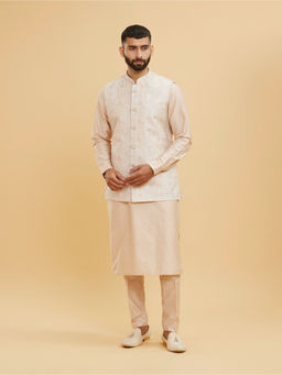 Twamev - Pale Peach Ogee Design Kurta With Jacket & Churidar For Men