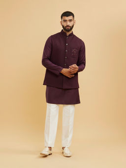 Twamev - Wine Red Plain Classic Kurta With Jacket & Pant With Embellished Medallion Motif