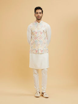 Twamev - Cream White Kurta With Jacket & Pant With Geometrical And Floral Motifs