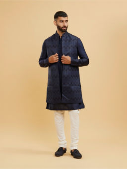 Twamev - Navy Blue Linear Chevron Design Kurta With Jacket & Churidar For Men