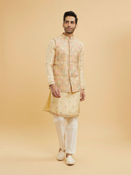 Twamev - Cream Beige Linear Grid Design Kurta With Jacket & Churidar For Men