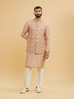 Twamev - Dusty Pink Linear Grid Design Kurta With Jacket & Pant For Men
