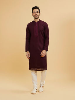 Twamev - Wine Red Jaal Patterned Kurta With Churidar With Embellished Placket For Men