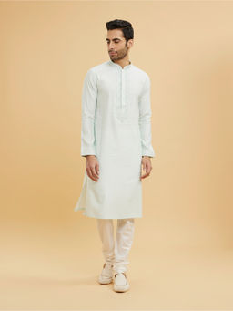 Twamev - Aqua Green Floral Design Kurta With Churidar With Embroidered Neckline