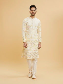 Twamev - Yellow And Cream Bel Buti Patterned Kurta With Churidar With Rhinestones