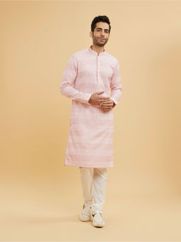 Twamev - Millennial Pink Chikankari Grid Patterned Kurta With Churidar For Men