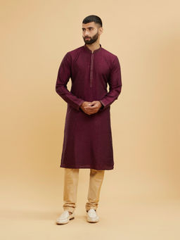 Twamev - Wine Red Self Design Kurta With Churidar With Rhinestone Embellishment
