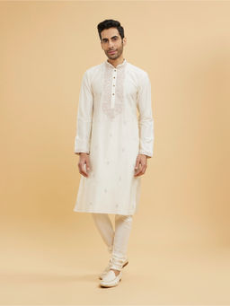 Twamev - Cream White Floral Embroidered Kurta With Churidar For Men