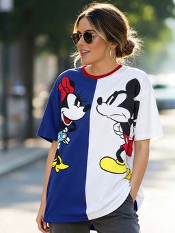 Bewakoof - Official Disney Women's Blue Mickey and Mini Hyper Printed Oversized T-shirt