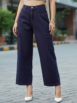 Bewakoof - Womens Blue Baggy Stright Fit Cropped Cargo Jeans