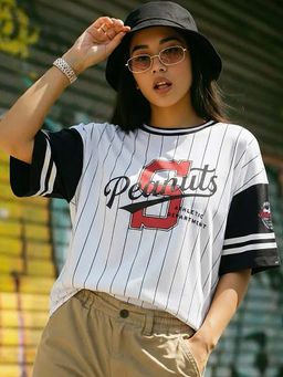 Bewakoof - Official Peanuts Women's White & Black All Over Printed Oversized T-shirt