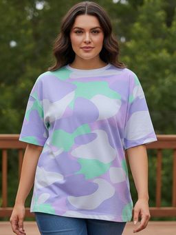 Bewakoof - Women's White & Purple Camouflage Printed Oversized Plus Size T-shirt