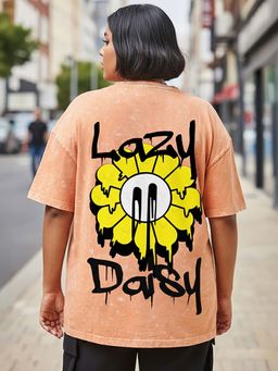 Bewakoof - Women's Orange Lazy Daisy Graphic Printed Oversized Plus Size Acid Wash T-shirt