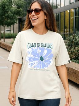 Bewakoof - Women's Beige Calm In Nature Graphic Printed Oversized T-Shirt