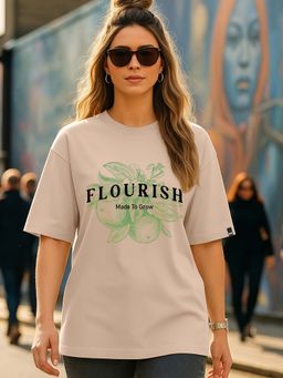 Bewakoof - Women's Warm Taupe Brown Flourish Graphic Printed Oversized T-Shirt
